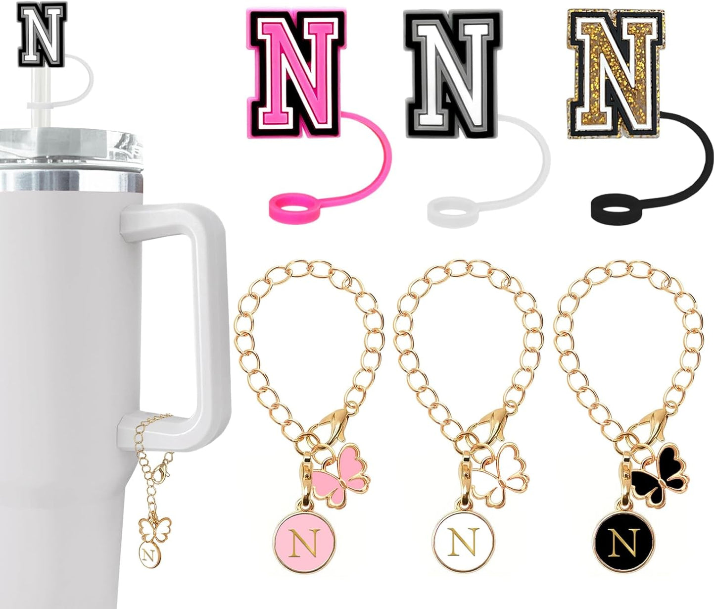 （3 +3) 3PCS Nuozme Straw Cover 10mm For Stanley Tumbler Cup Reusable Straw Cap Topper with 3 Initial Letter Charms Accessories Name ID Personalized Handle Charm For Stanley 30&40 Oz Cup Tumbler - Colors B