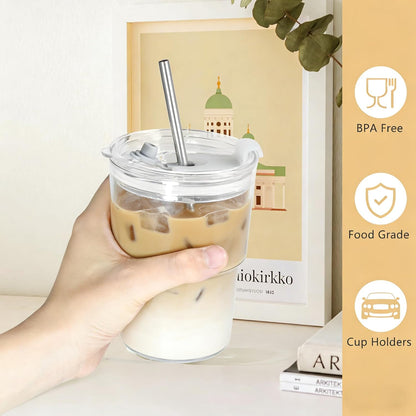 15 oz Plastic Matcha Iced Coffee Cups with Lids and Straws Set of 2, Unbreakable Drinking Glasses Reusable Iced Coffee Glass to Go Cup for Tea Smoothie Juice Cup Dishwasher Safe