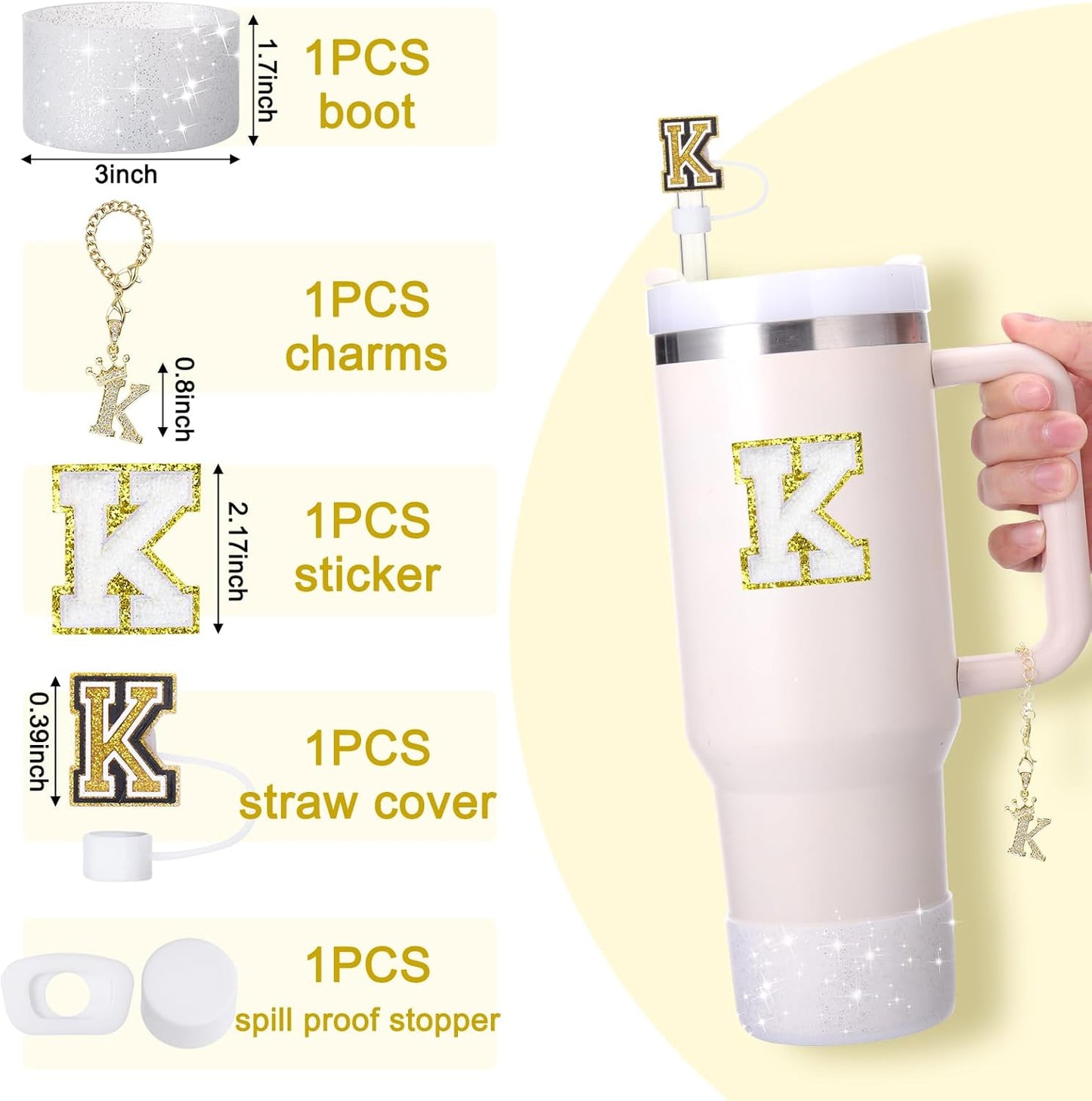 Mity Rain 6pc Cup Accessories Set for Stanley 30 oz & 40 oz Tumbler with Handle, Including Straw Cover Cap, Cup Initials Charm, Silicone Boot, Round & Square Spill Proof Stopper