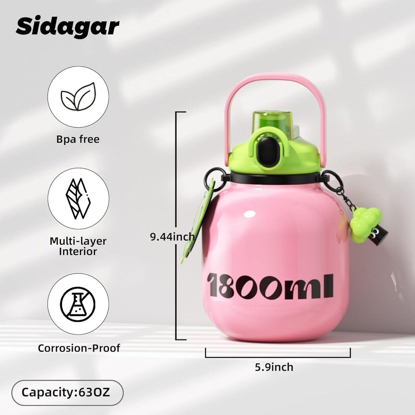 60 oz Big Gallon Water Bottle with Straw and Carry Handle, Black Wide Mouth Vacuum Water Jug, Insulated Stainless Steel Bottles; Heavy-Duty Aesthetic Yoga Flask for Women, Sweet & Cool Black