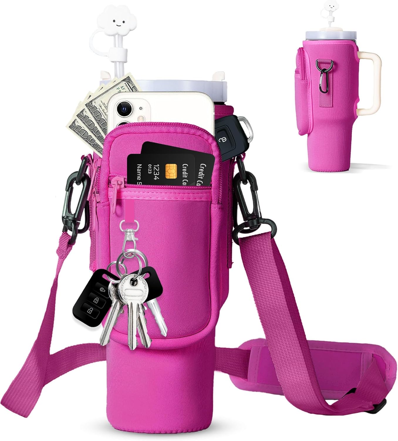 dabria Water Bottle Carrier Bag with Phone Pocket for Stanley 40/30 oz Tumbler Neoprene Water Bottle Holder Pouch with Adjustable Strap Bollus with Straw Cover for Stanley Cup Accessories