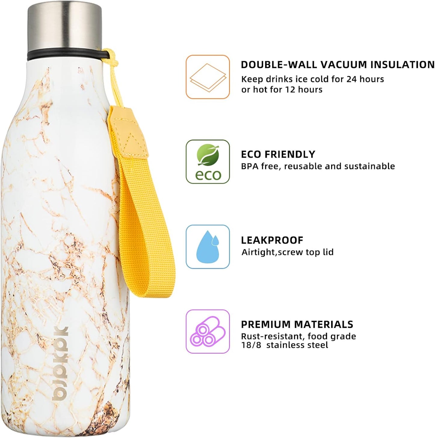 BJPKPK Insulated Water Bottles, 18 oz Stainless Steel Metal Water Bottle with Strap, BPA Free Leak Proof Jugs, Mugs, Flasks, Reusable Thermal Flasks for Sports & Travel, Black - Colors B