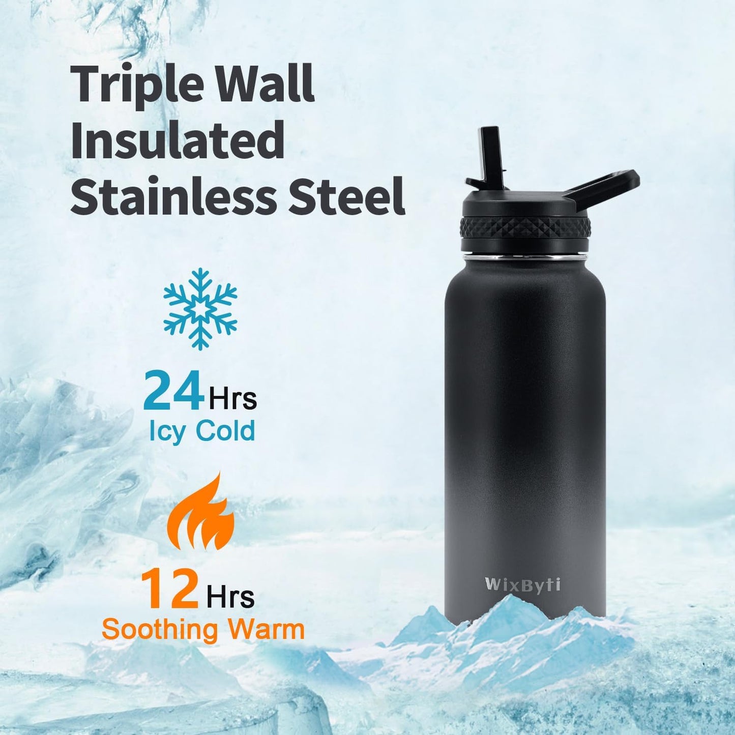 WixByti 40 oz Insulated Water Bottle with Straw (Cold for 36 Hrs), Stainless Steel Triple Wall Vacuum Sports Water Jug, Leakproof Hydro Cup Flask with Paracord Handle & Straw Spout Lids & DIY Stickers