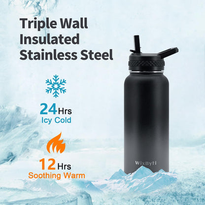 WixByti 40 oz Insulated Water Bottle with Straw (Cold for 36 Hrs), Stainless Steel Triple Wall Vacuum Sports Water Jug, Leakproof Hydro Cup Flask with Paracord Handle & Straw Spout Lids & DIY Stickers