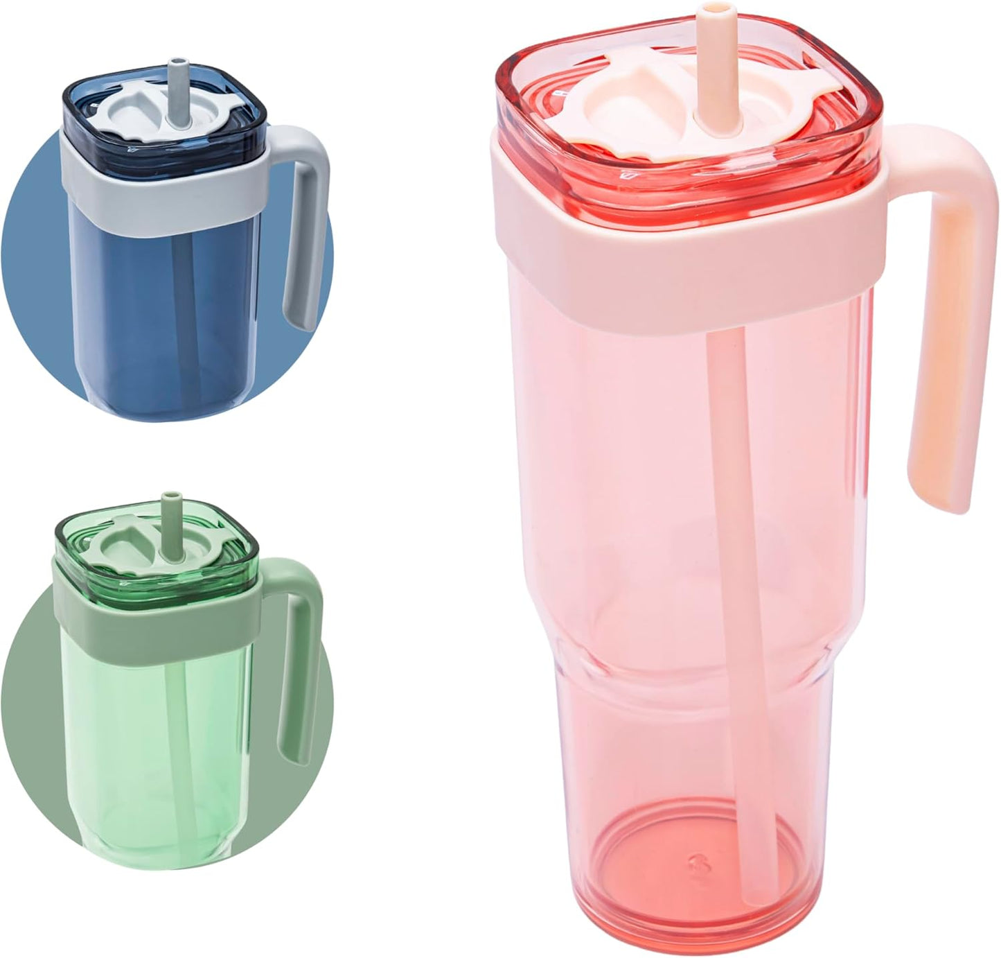 34oz Leakproof Straw Tumbler with Lid and Straw Double Wall Slim Coffee Cup Reusable BPA Free Plastic Travel Mug Integrated Handle Dishwasher Safe