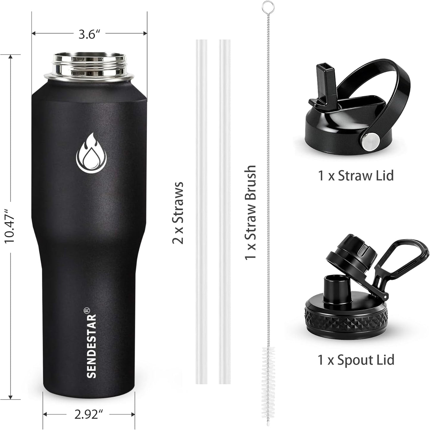SENDESTAR 40oz Water Bottle Wide Mouth Stainless Steel Vacuum Insulated Double Wall with Straw Lids Fit in Any Car Cup Holder