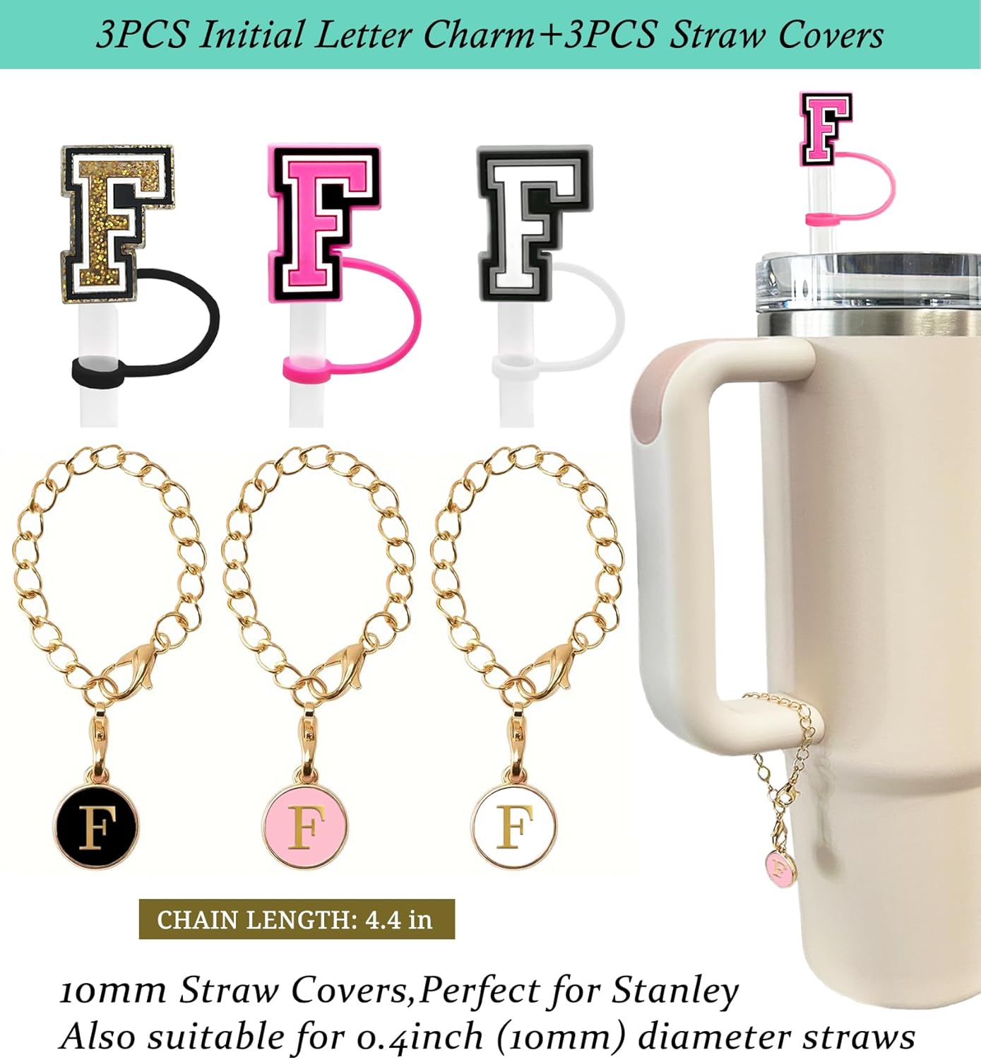 （3 +3) 3PCS Nuozme Straw Cover 10mm For Stanley Tumbler Cup Reusable Straw Cap Topper with 3 Initial Letter Charms Accessories Name ID Personalized Handle Charm For Stanley 30&40 Oz Cup Tumbler - Colors A