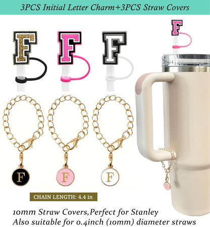 （3 +3) 3PCS Nuozme Straw Cover 10mm For Stanley Tumbler Cup Reusable Straw Cap Topper with 3 Initial Letter Charms Accessories Name ID Personalized Handle Charm For Stanley 30&40 Oz Cup Tumbler - Colors A