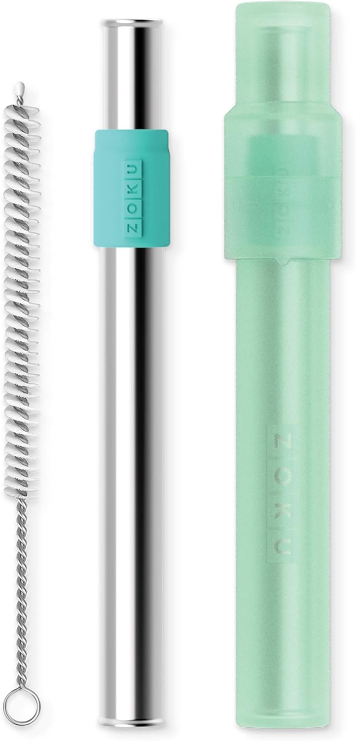 ZOKU Reusable Metal Straw with Case for Travel, Teal - Collapsible Stainless Steel Drinking Straw with Silicone Tip and Cleaner Brush, Ideal for Key Chains, Pockets, Purses