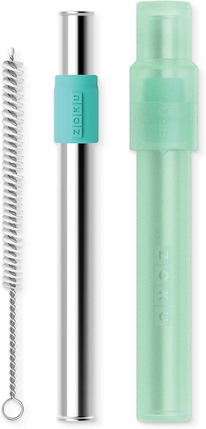 ZOKU Reusable Metal Straw with Case for Travel, Teal - Collapsible Stainless Steel Drinking Straw with Silicone Tip and Cleaner Brush, Ideal for Key Chains, Pockets, Purses