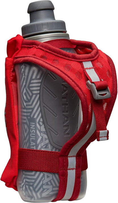 Nathan SpeedDraw 2 Insulated Handheld Running Water Bottle Flask 18oz – Double-Wall Insulation, Ergonomic Grip, Blast Valve Cap, Phone & Key Storage Pockets, Reflective Design