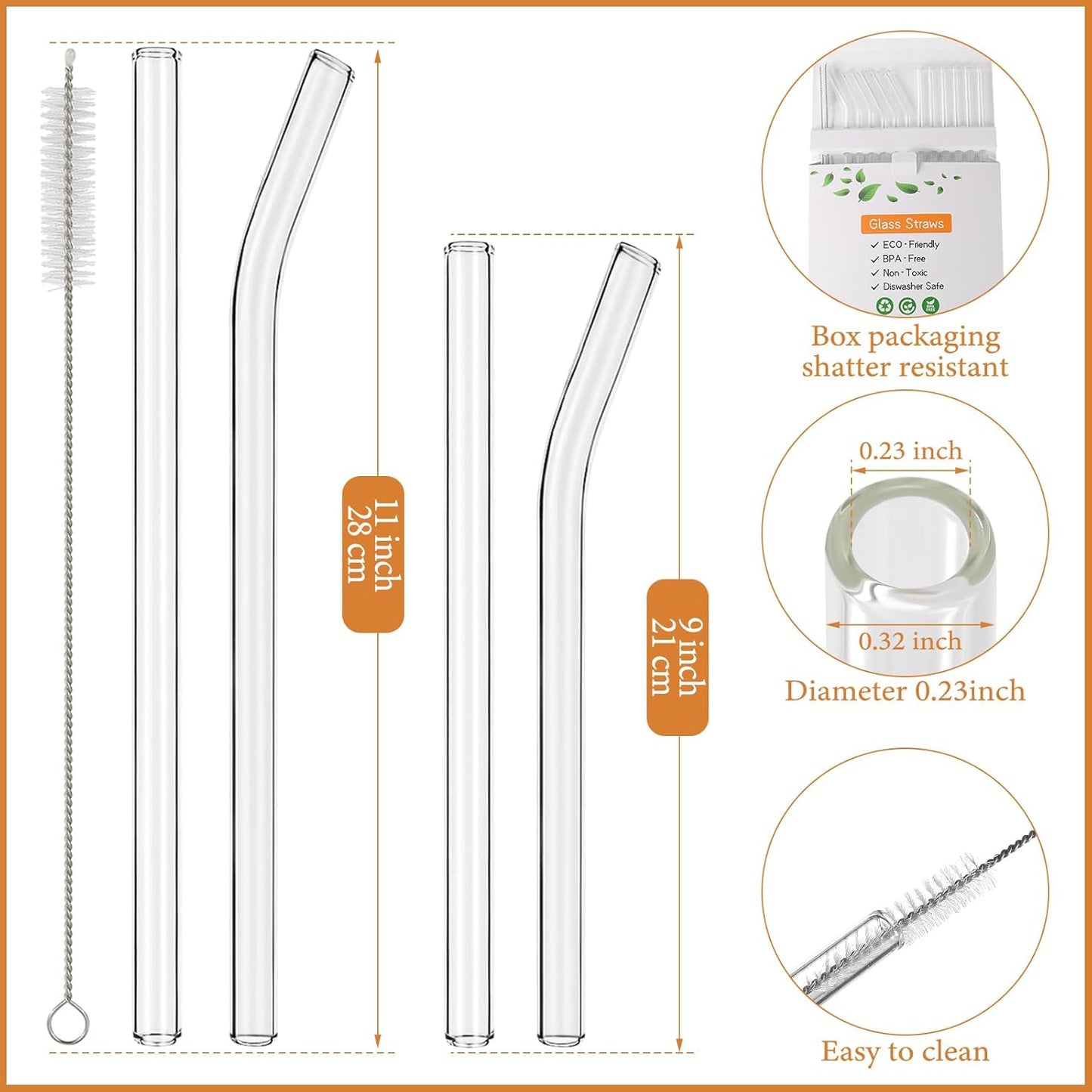 [12 Pcs] Reusable Glass Straws Shatter Resistant - 11" x 8mm and 9" x 8mm Clear Straws Each Including 3 Straight and 3 Bent with 2 Cleaning Brush for 30 oz and 20 oz Tumblers Juice Coffee Cocktail Tea