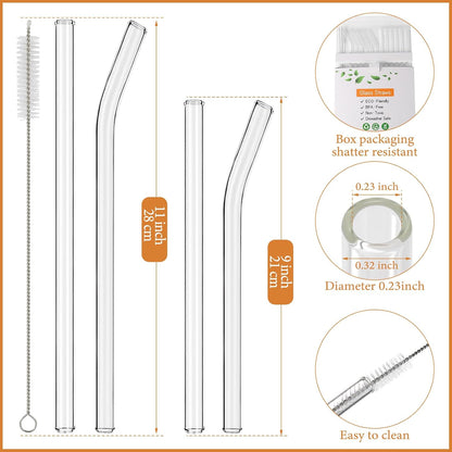 [12 Pcs] Reusable Glass Straws Shatter Resistant - 11" x 8mm and 9" x 8mm Clear Straws Each Including 3 Straight and 3 Bent with 2 Cleaning Brush for 30 oz and 20 oz Tumblers Juice Coffee Cocktail Tea