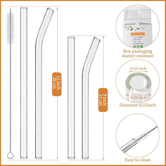 [12 Pcs] Reusable Glass Straws Shatter Resistant - 11" x 8mm and 9" x 8mm Clear Straws Each Including 3 Straight and 3 Bent with 2 Cleaning Brush for 30 oz and 20 oz Tumblers Juice Coffee Cocktail Tea