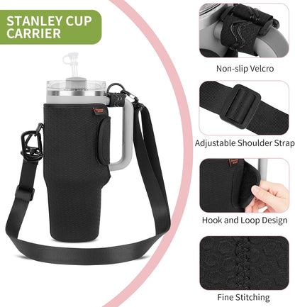 Water Bottle Carrier for Stanley Quencher 30oz Tumbler Cup Water Bottle Holder with Strap Neoprene Protective Tumbler Carrying Bag for Hiking Fitness Travelling - Black