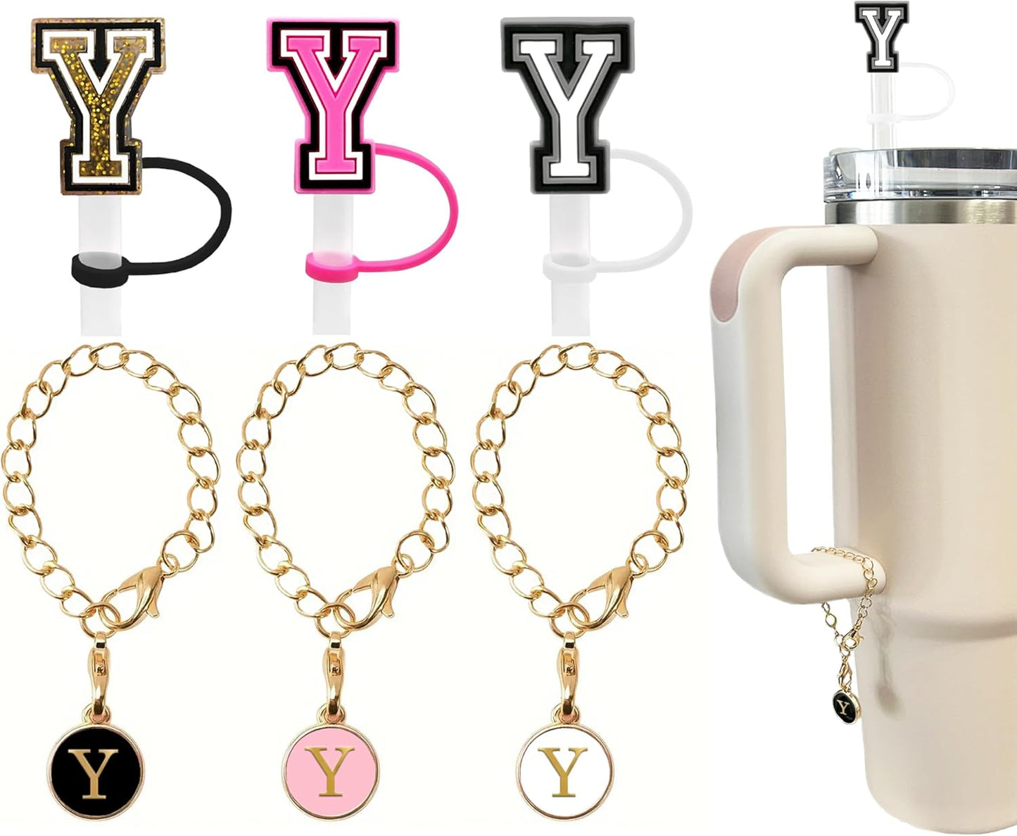 （3 +3) 3PCS Nuozme Straw Cover 10mm For Stanley Tumbler Cup Reusable Straw Cap Topper with 3 Initial Letter Charms Accessories Name ID Personalized Handle Charm For Stanley 30&40 Oz Cup Tumbler - Colors A