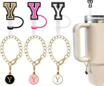 （3 +3) 3PCS Nuozme Straw Cover 10mm For Stanley Tumbler Cup Reusable Straw Cap Topper with 3 Initial Letter Charms Accessories Name ID Personalized Handle Charm For Stanley 30&40 Oz Cup Tumbler - Colors A