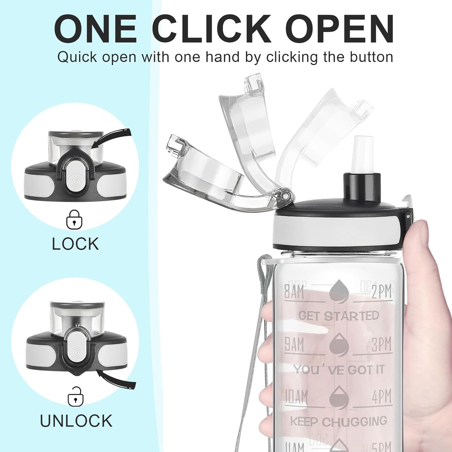 Enerbone Water Bottle, Leakproof BPA & Toxic Free, Motivational Water Bottle with Times to Drink and Straw, Fitness Sports Water Bottle with Strap for Office, Gym, Outdoor Sports