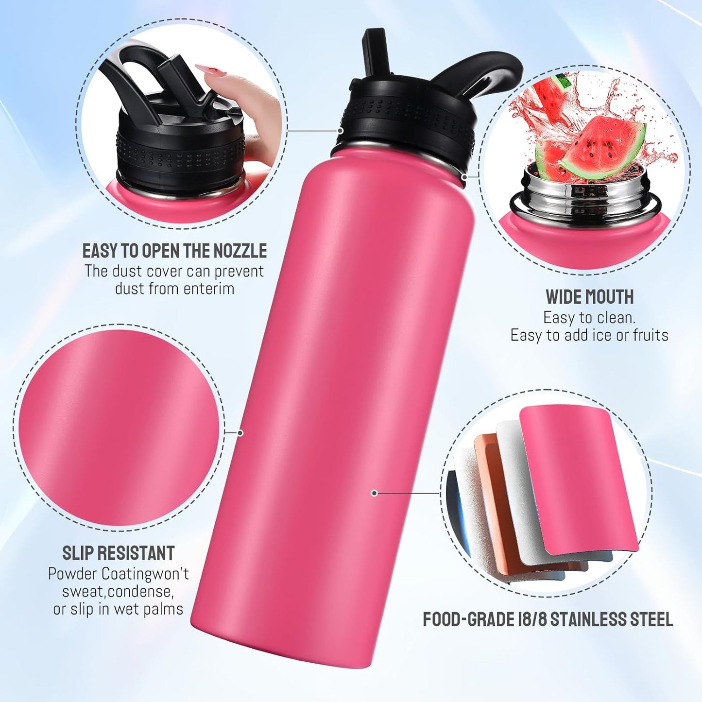 Insulated Water Bottles with Straw 40 oz Leak Proof, Vacuum Insulated Stainless Steel Sport Tumbler with 3 Lids Straw, Spout and Handle Lid for Sports, Gym or Office,Hot Pink