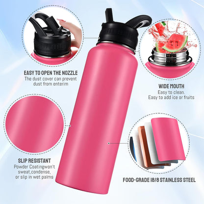 Insulated Water Bottles with Straw 40 oz Leak Proof, Vacuum Insulated Stainless Steel Sport Tumbler with 3 Lids Straw, Spout and Handle Lid for Sports, Gym or Office,Hot Pink