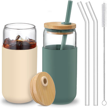 20oz Glass Water Tumbler with Silicone Protective Sleeve - Beer Shaped Glass Cups with Straw and Bamboo Lid, Iced Coffee Glasses, Cute Drinking Glasses for Water, Smoothie, Gift - Cambridge Blue