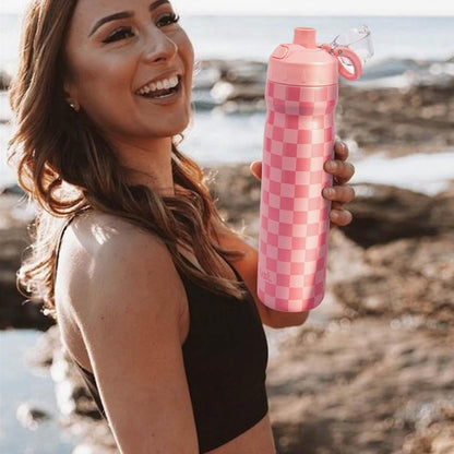 Magnetic Water Bottle with Straw 25 oz - Stainless Steel Insulated Tumbler for Gym & Bike (Fits Holders) - Leak Proof Pop-Up Lid, 2-in-1 Sip or Chug, Handle & Cute Pink Checkered Print