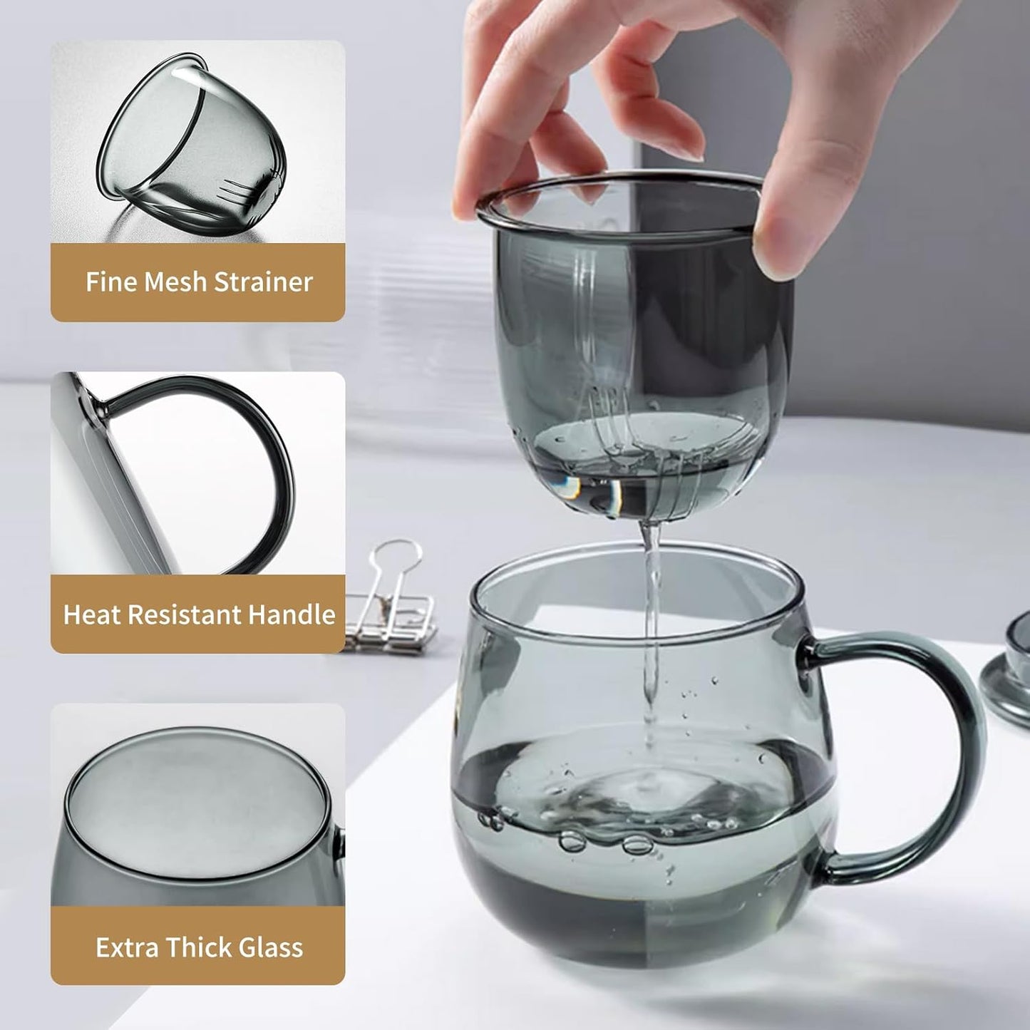 DOPUDO Glass Tea Cup with Infuser and Lid, 17.6oz/520ml Large Borosilicate Teacup,Tea Glass, Clear Mug for Loose Leaf Tea, Blooming Tea, Microwave & Dishwasher Safe - Tea Maker Gift for Birthday.