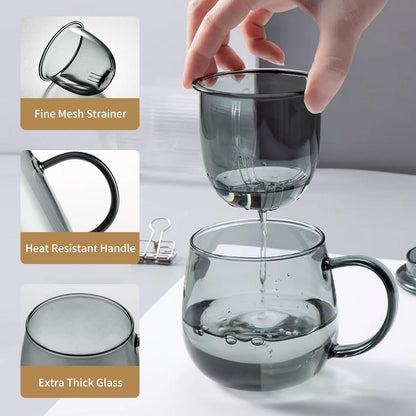 DOPUDO Glass Tea Cup with Infuser and Lid, 17.6oz/520ml Large Borosilicate Teacup,Tea Glass, Clear Mug for Loose Leaf Tea, Blooming Tea, Microwave & Dishwasher Safe - Tea Maker Gift for Birthday.