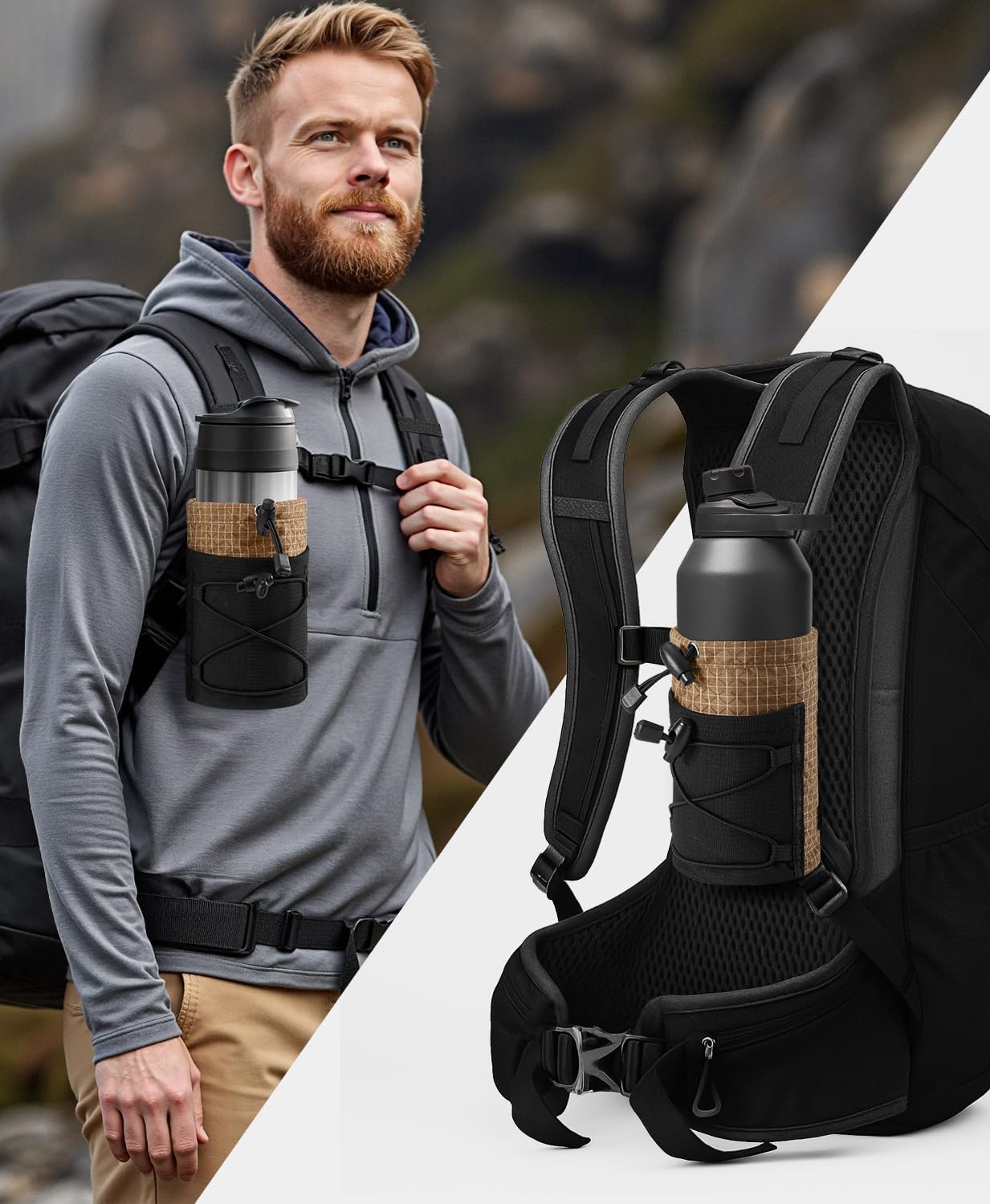 Water Bottle Holder Pouch with Hook Buckle, Backpack Water Bottle Holder Mesh Bag Carrier Fits for 8-24oz Bottles for Hiking, Running, Travel, Outdoor Backpack Accessories & Attachments