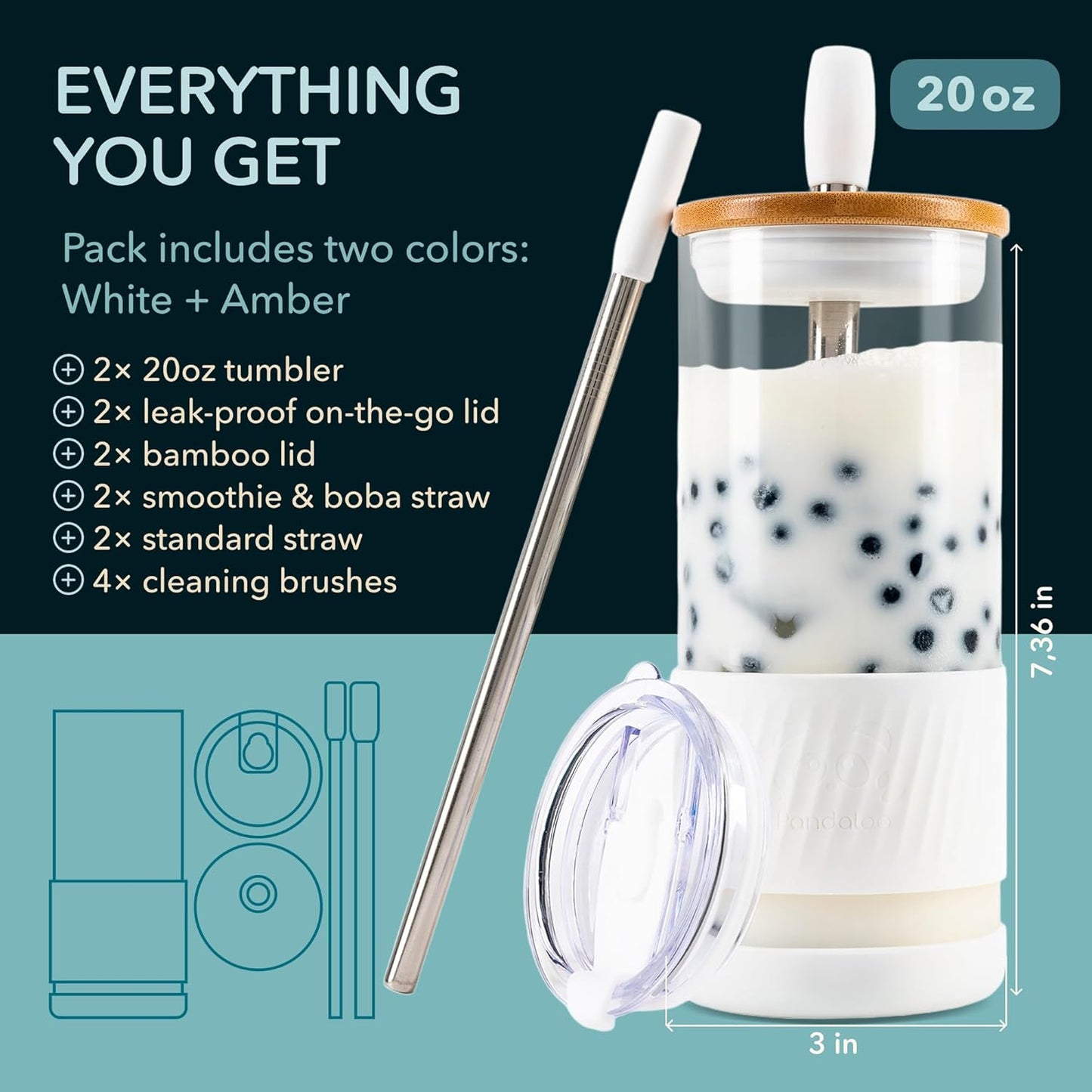 Pandaloo® Glass Cups With Lids and Straws -20 Fl Oz- Perfect Size Iced Coffee Cup - Smoothie Cup With Bamboo Lid and On the go Lid - Glass Tumbler With Straw (1 Count (Pack of 1), Lilac Rhapsody)