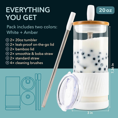 Pandaloo® Glass Cups With Lids and Straws -20 Fl Oz- Perfect Size Iced Coffee Cup - Smoothie Cup With Bamboo Lid and On the go Lid - Glass Tumbler With Straw (1 Count (Pack of 1), Lilac Rhapsody)
