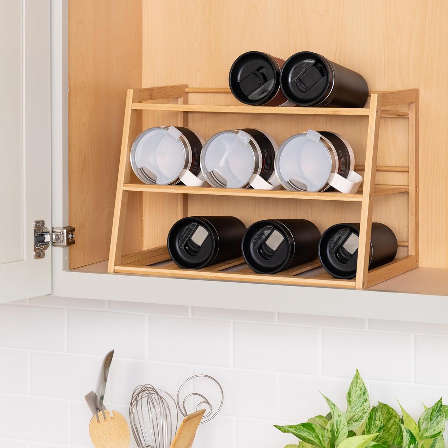 Honey-Can-Do 3-Tier Bamboo Water Bottle Organizer Rack - Stackable, Natural Wood Storage for Cabinet & Pantry