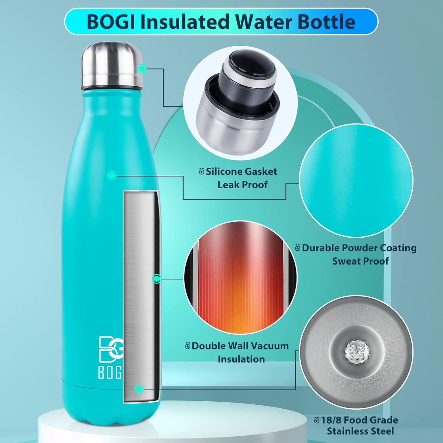BOGI 17oz Insulated Water Bottle Double Wall Vacuum Stainless Steel Water Bottles, Leak Proof Metal Sports Water Bottle Keeps Drink Hot and Cold - Perfect for Outdoor Sports Camping Biking (Purple)