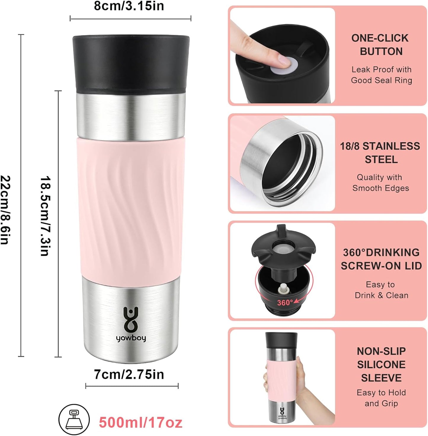 Travel Coffee Mug with 360°Lid, Travel Coffee Tumbler 16 oz Leak Proof, Stainless Steel Insulated Travel Mugs for Hot and Cold Spill Proof Leak Proof (Purple)