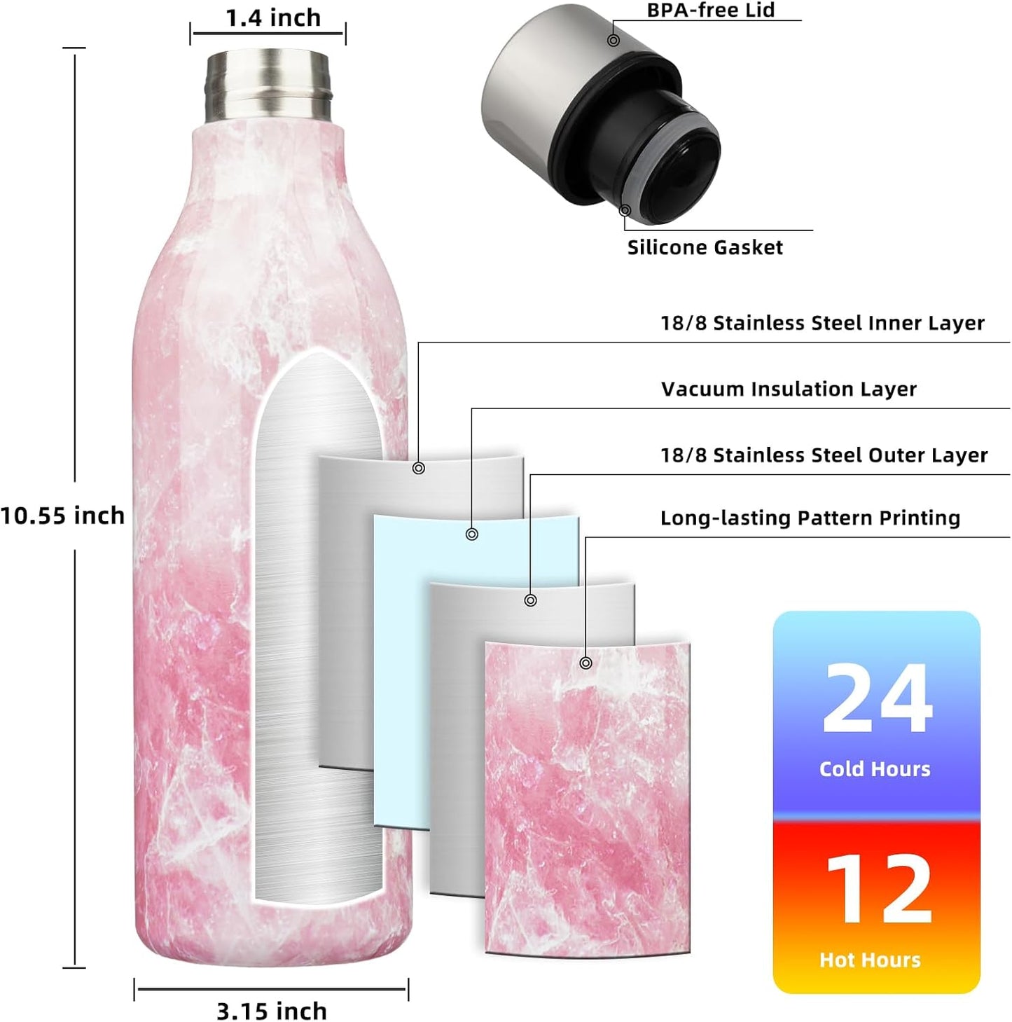BJPKPK Insulated Water Bottles, 18 oz Stainless Steel Metal Water Bottle with Strap, BPA Free Leak Proof Jugs, Mugs, Flasks, Reusable Thermal Flasks for Sports & Travel, Black - Colors A