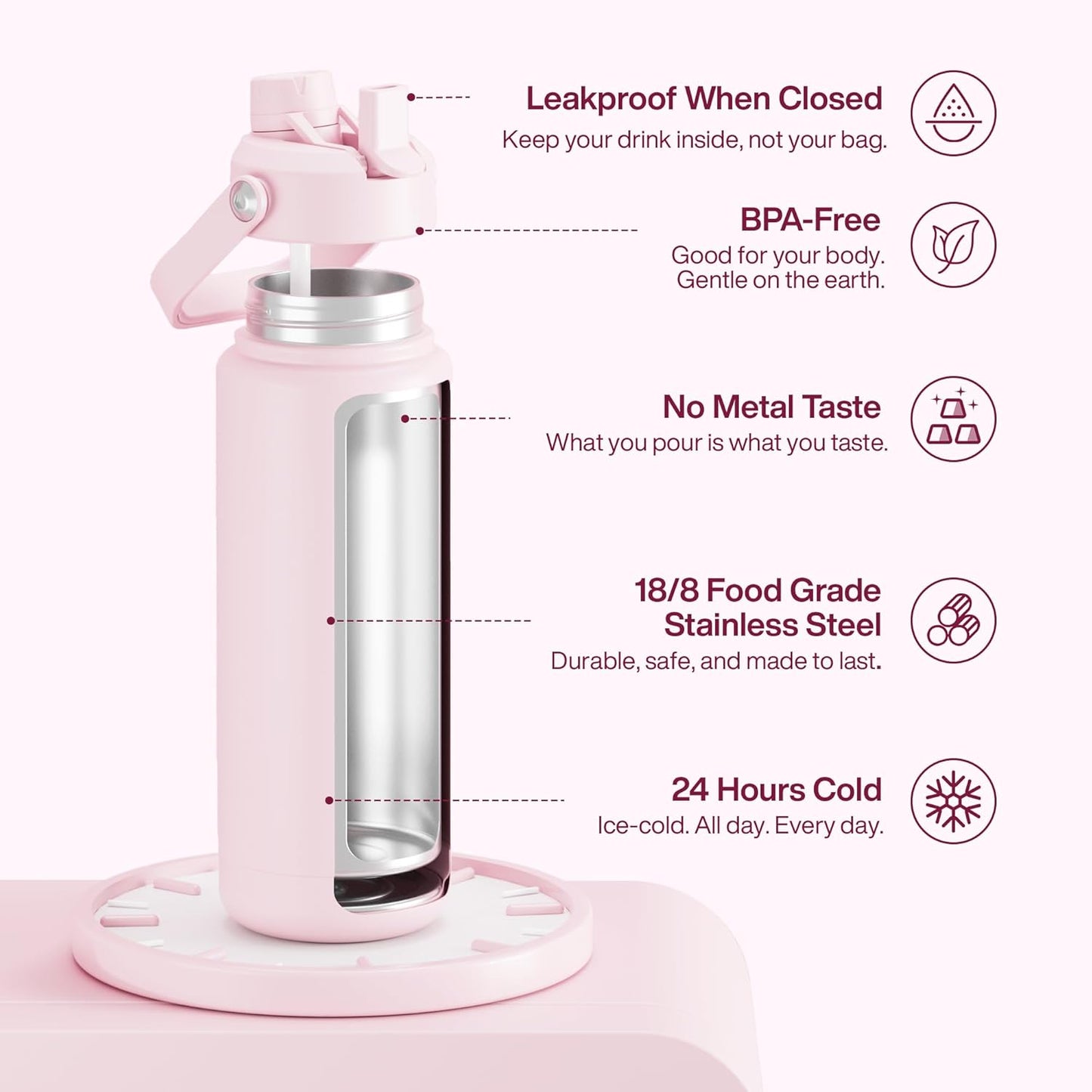 ENCOOL Insulated Water Bottle with Straw Stainless Steel Water Bottle, Leak-Proof, BPA-Free, Double Wall Vacuum Keeps Cold for 24 Hours for Sports, Travel, School (26 oz, Cotton Candy) - Colors D