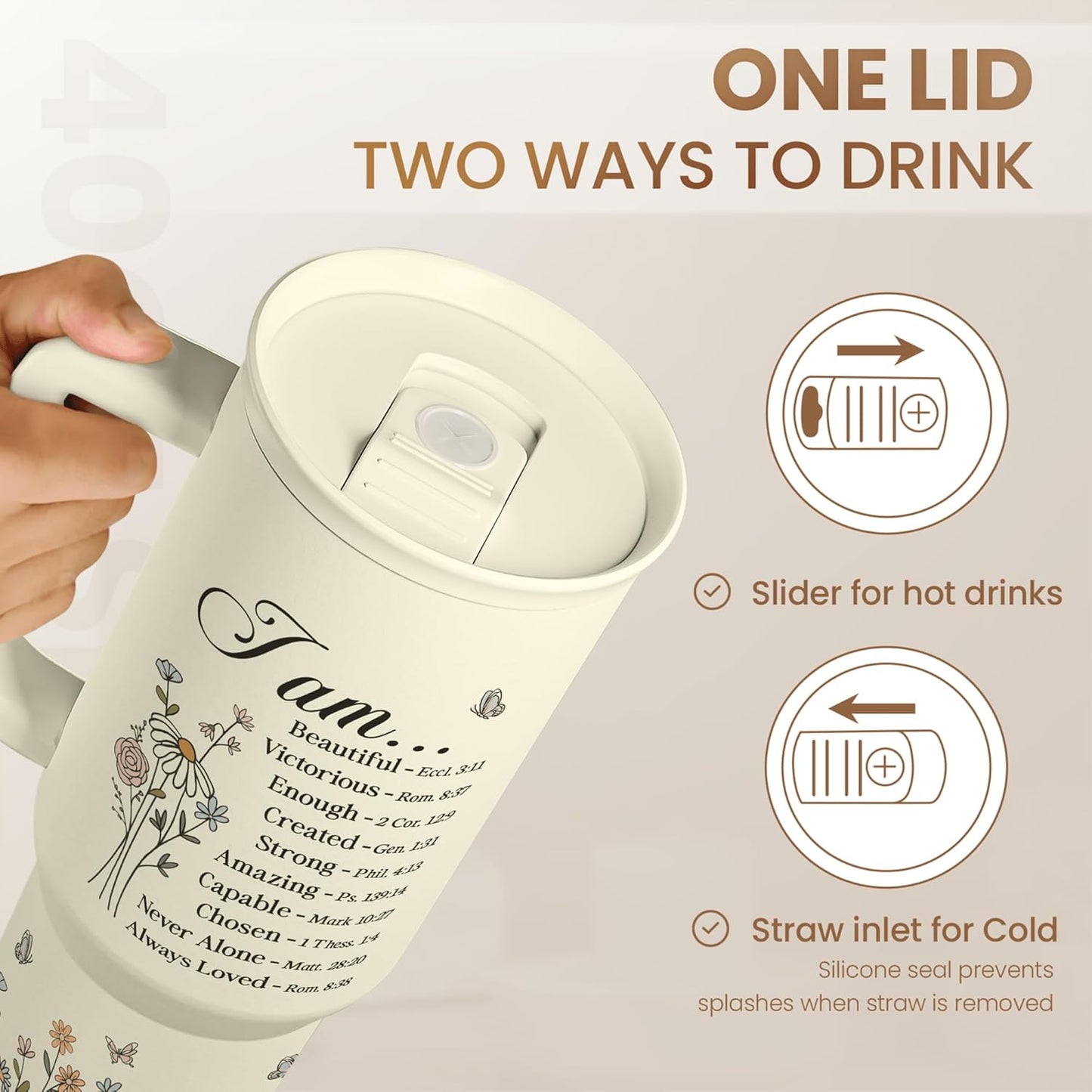 Floral Tumbler with Handle 40oz, Stainless Steel Insulated Tumblers Coffee Travel Mug Cup with Straw, Flower Coffee Cup Gifts for Women Girls, Gift for Her on Christmas Birthday Mothers Day