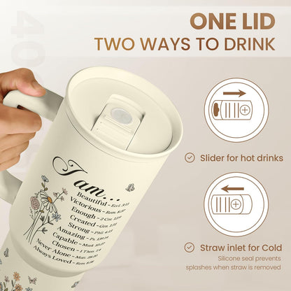 Floral Tumbler with Handle 40oz, Stainless Steel Insulated Tumblers Coffee Travel Mug Cup with Straw, Flower Coffee Cup Gifts for Women Girls, Gift for Her on Christmas Birthday Mothers Day