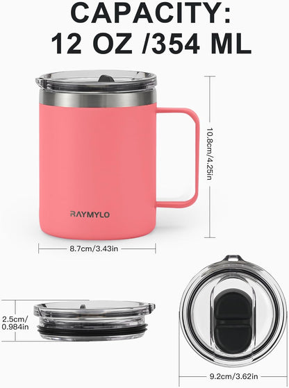 RAYMYLO Insulated Coffee Mug 12 oz, Double Wall Stainless Steel Coffee Mug with Lids, Leak-Proof & Detachable Slider Lid for Thorough Clean, Keeps Coffee Cold for 9 Hrs, Suitable for Camp Home Office