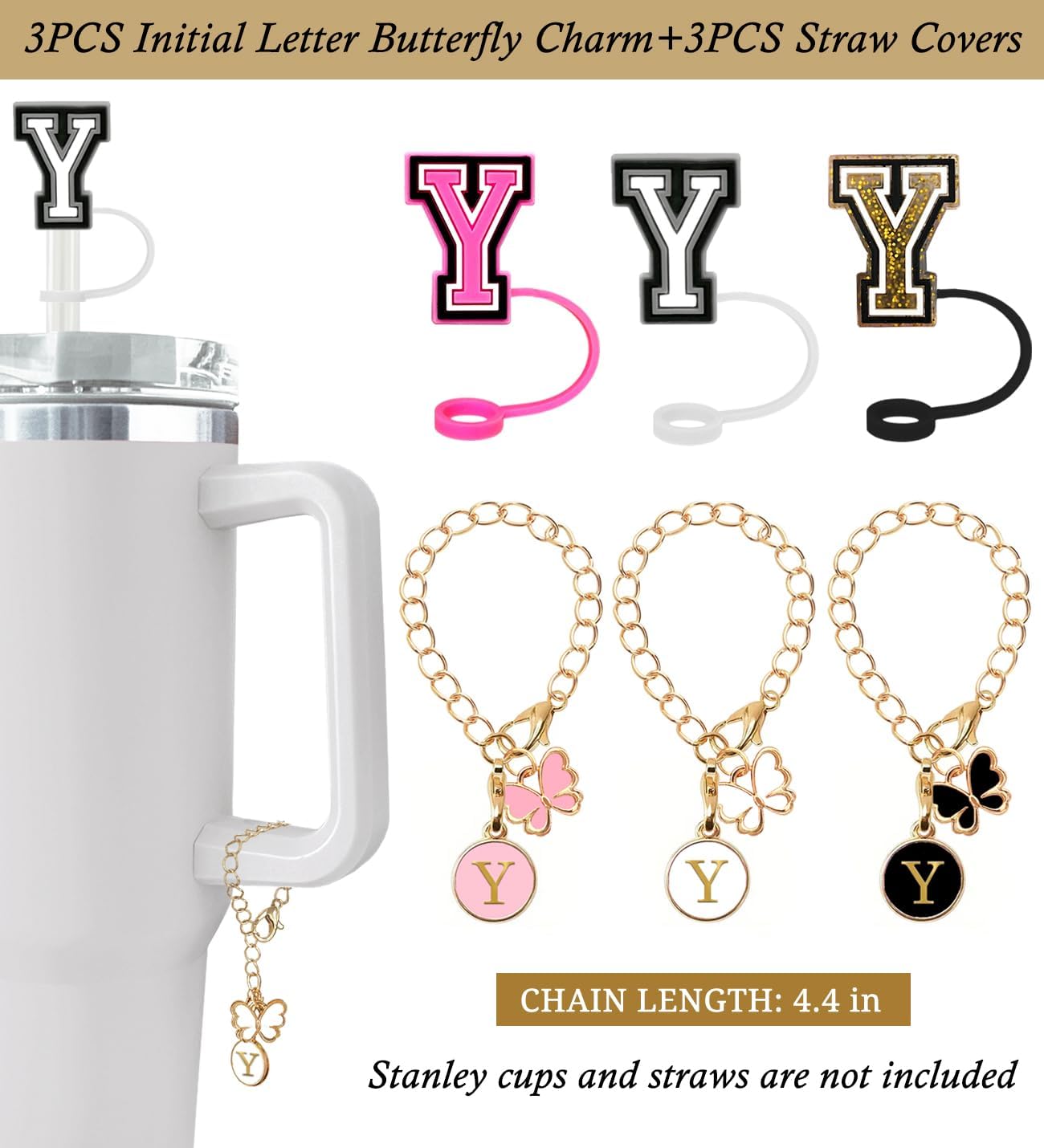 （3 +3) 3PCS Nuozme Straw Cover 10mm For Stanley Tumbler Cup Reusable Straw Cap Topper with 3 Initial Letter Charms Accessories Name ID Personalized Handle Charm For Stanley 30&40 Oz Cup Tumbler - Colors B