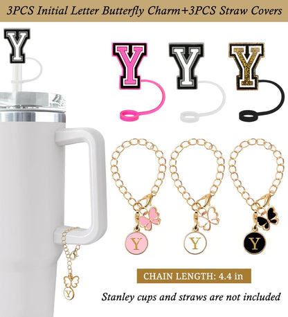 （3 +3) 3PCS Nuozme Straw Cover 10mm For Stanley Tumbler Cup Reusable Straw Cap Topper with 3 Initial Letter Charms Accessories Name ID Personalized Handle Charm For Stanley 30&40 Oz Cup Tumbler - Colors B