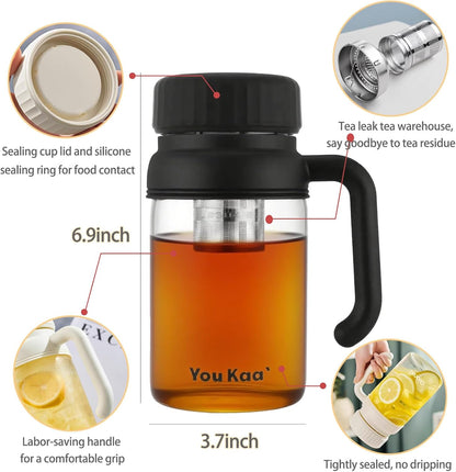 32oz Glass Water Bottle, Tea Bottle with Infuser & Handle, BPA-Free Leakproof Wide Mouth Large Tea Infuser cup for Hot or Cold Drinks, Loose, Fruit (White)