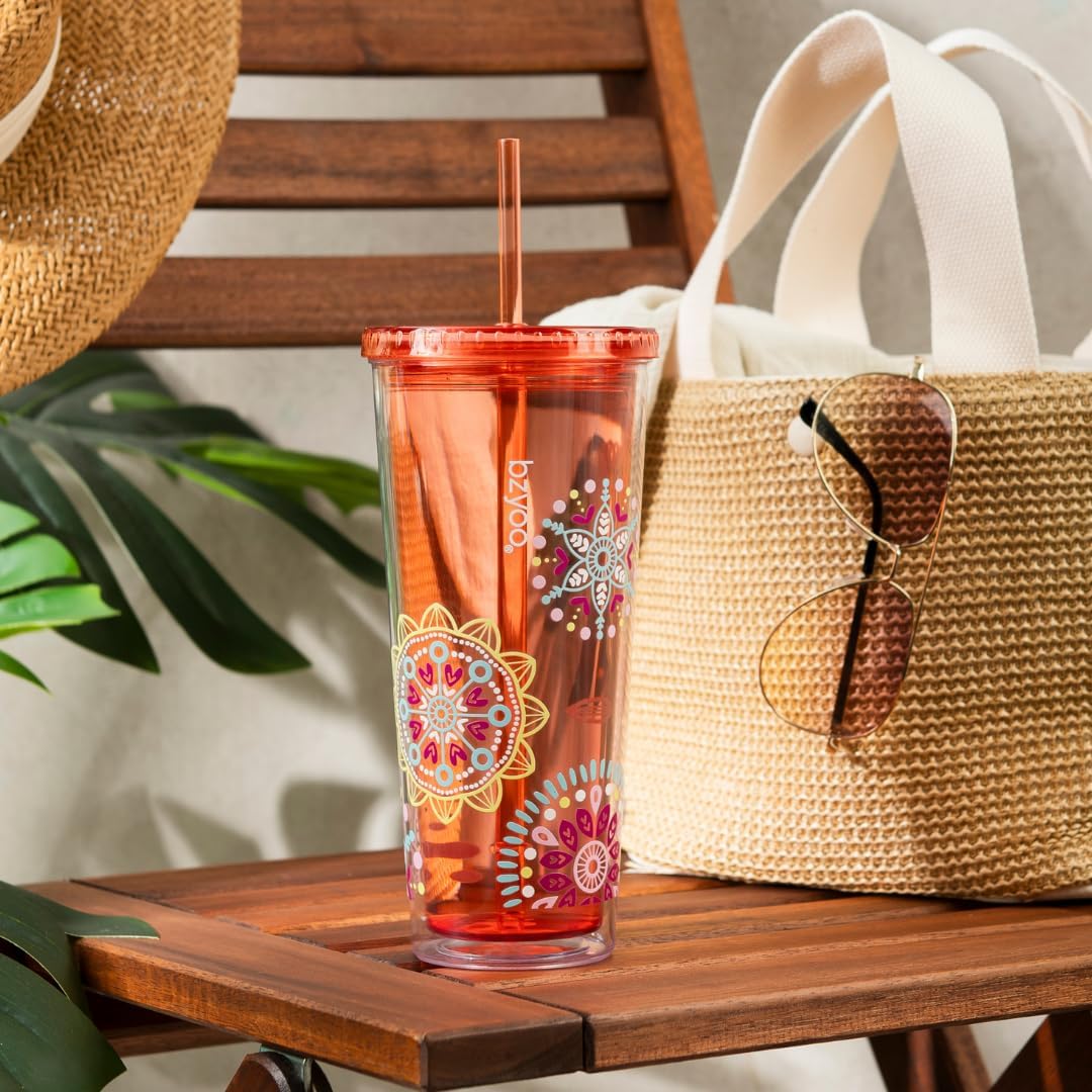 bzyoo SIP 24oz (710ml) Double Wall Plastic Tumbler with Lid and Straw Cold Drink Travel Mug Reusable Party Cup Perfect for Office Ice Coffee or Tea and Gift Color: Pink & Purple