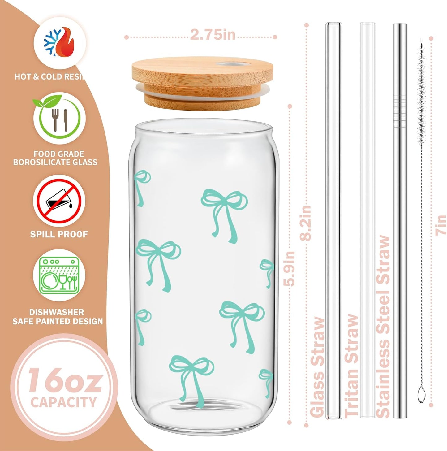 Coquette Cute Pink Bow Glass Cups with Lids and Straws, Aesthetic Iced Coffee Matcha Cup, Girly Preppy Design Tumbler Mug, Valentines Christmas Birthday Gifts for Women, Teen Girl Gifts Trendy Stuff