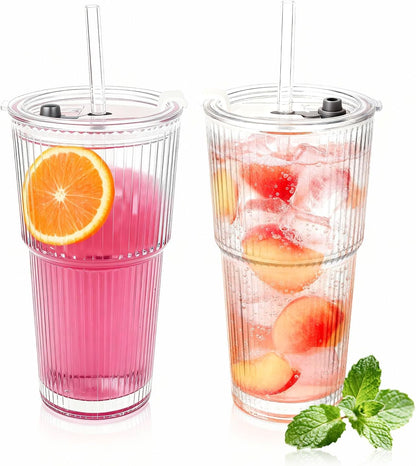 Clear Iced Coffee Cups with Lids - 4 Pack, 20oz Reusable Glass Cups with Lids and Straws, Drinking Tumblers for Cocktail Beer, Juice, Smoothie, Coffee Bar, Housewarming Gifts - Dishwasher Safe