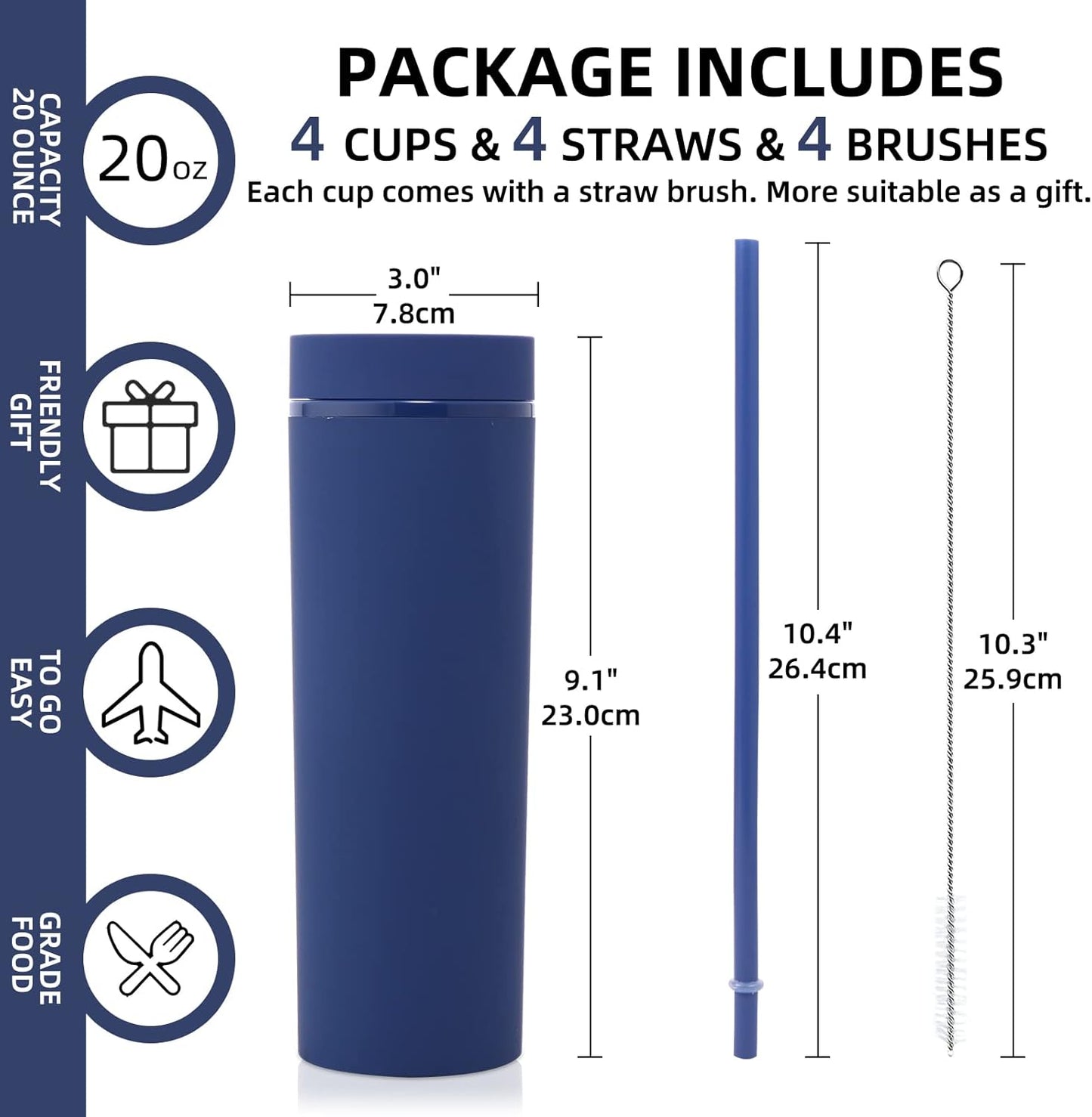 Volhoply 20oz Plastic Skinny Tumbler,Double Wall Tumblers with Lid and Straw,Reusable Travel Iced Coffee Mug,BPA Free Matte Acrylic Water Cups With Straw for Parties,DIY Gifts(Black,1 Set