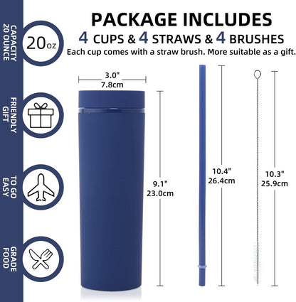 Volhoply 20oz Plastic Skinny Tumbler,Double Wall Tumblers with Lid and Straw,Reusable Travel Iced Coffee Mug,BPA Free Matte Acrylic Water Cups With Straw for Parties,DIY Gifts(Black,1 Set