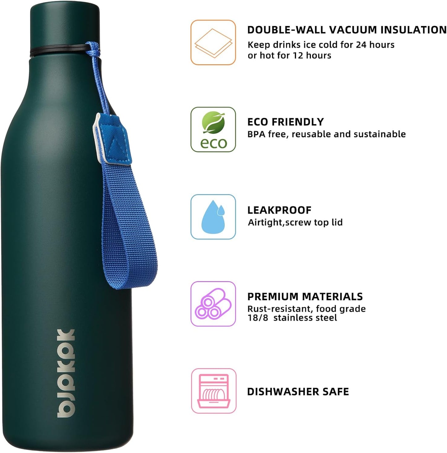 BJPKPK Insulated Water Bottles, 18 oz Stainless Steel Metal Water Bottle with Strap, BPA Free Leak Proof Jugs, Mugs, Flasks, Reusable Thermal Flasks for Sports & Travel, Black - Colors A