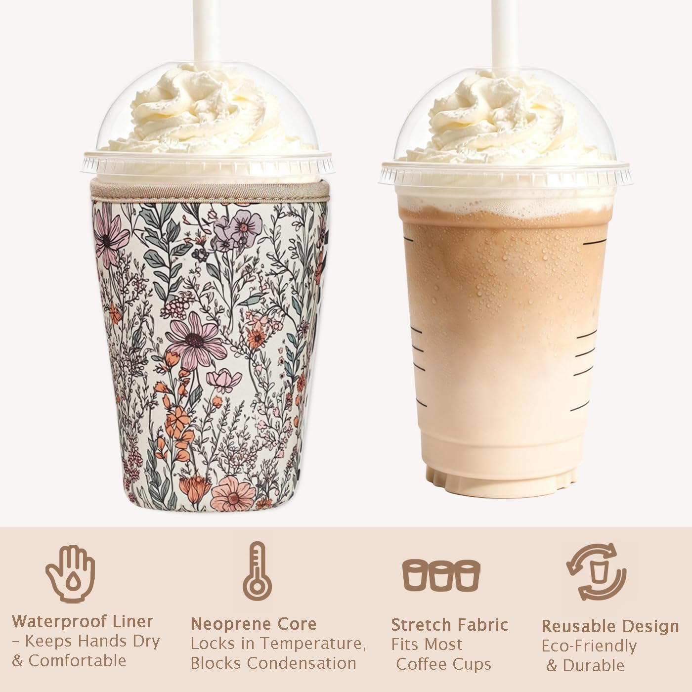 Reusable Insulated Neoprene Iced Coffee Cup Sleeve, Durable Drink Sleeve for Cold Beverages, Beverage Holder for Iced Coffee, Floral Checkers