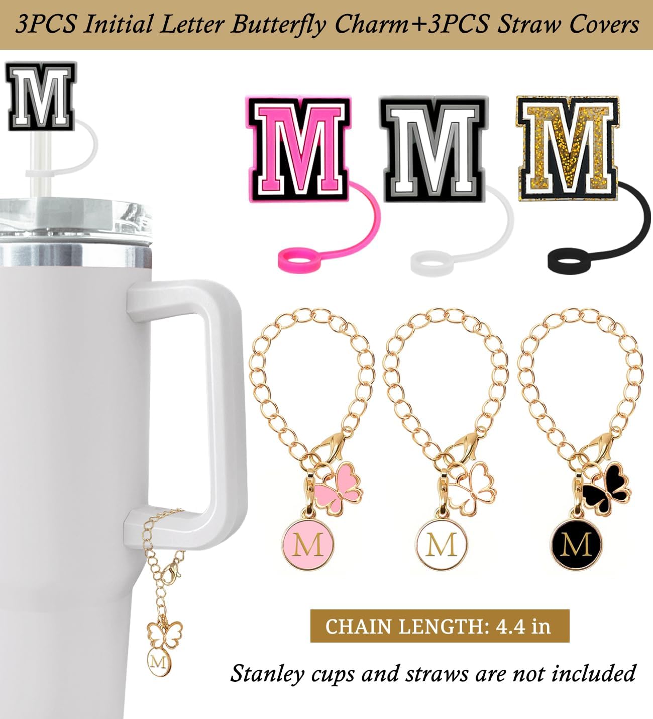（3 +3) 3PCS Nuozme Straw Cover 10mm For Stanley Tumbler Cup Reusable Straw Cap Topper with 3 Initial Letter Charms Accessories Name ID Personalized Handle Charm For Stanley 30&40 Oz Cup Tumbler - Colors A